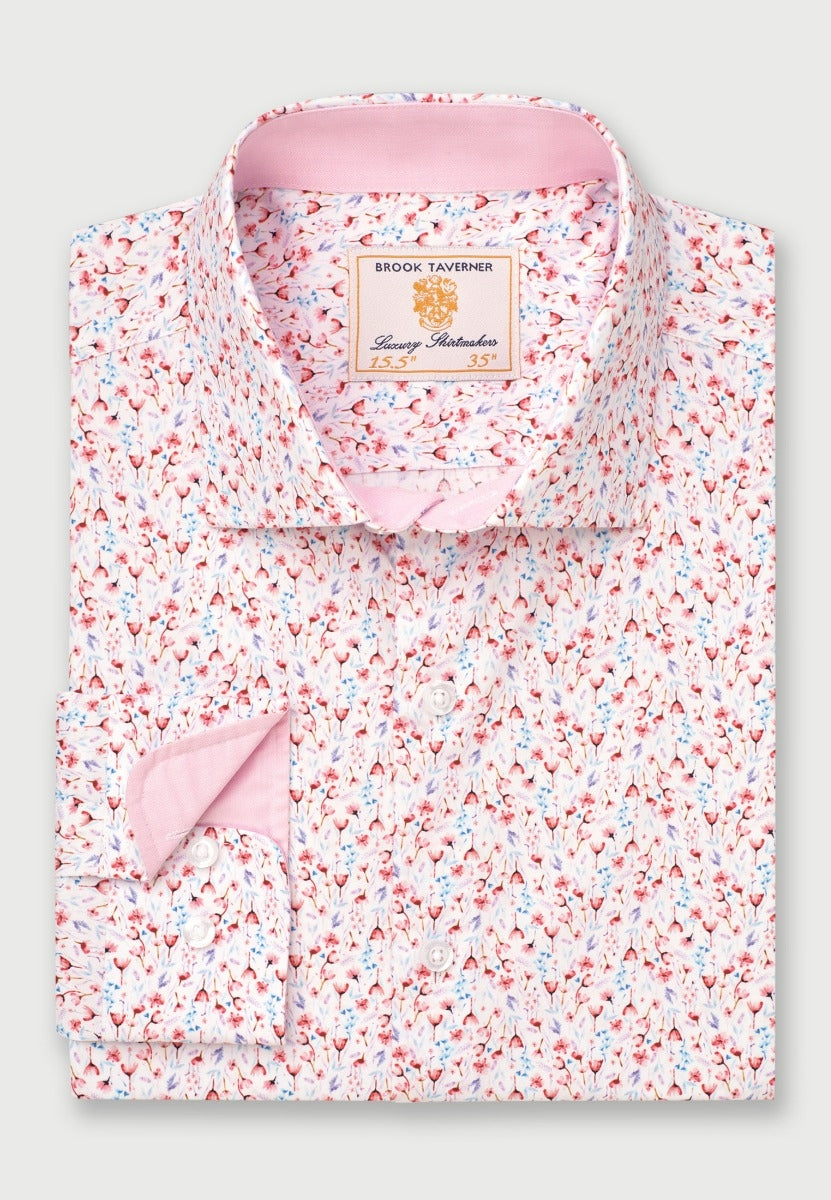 Tailored Fit Pink Ditsy Floral Print Stretch Cotton Shirt detail