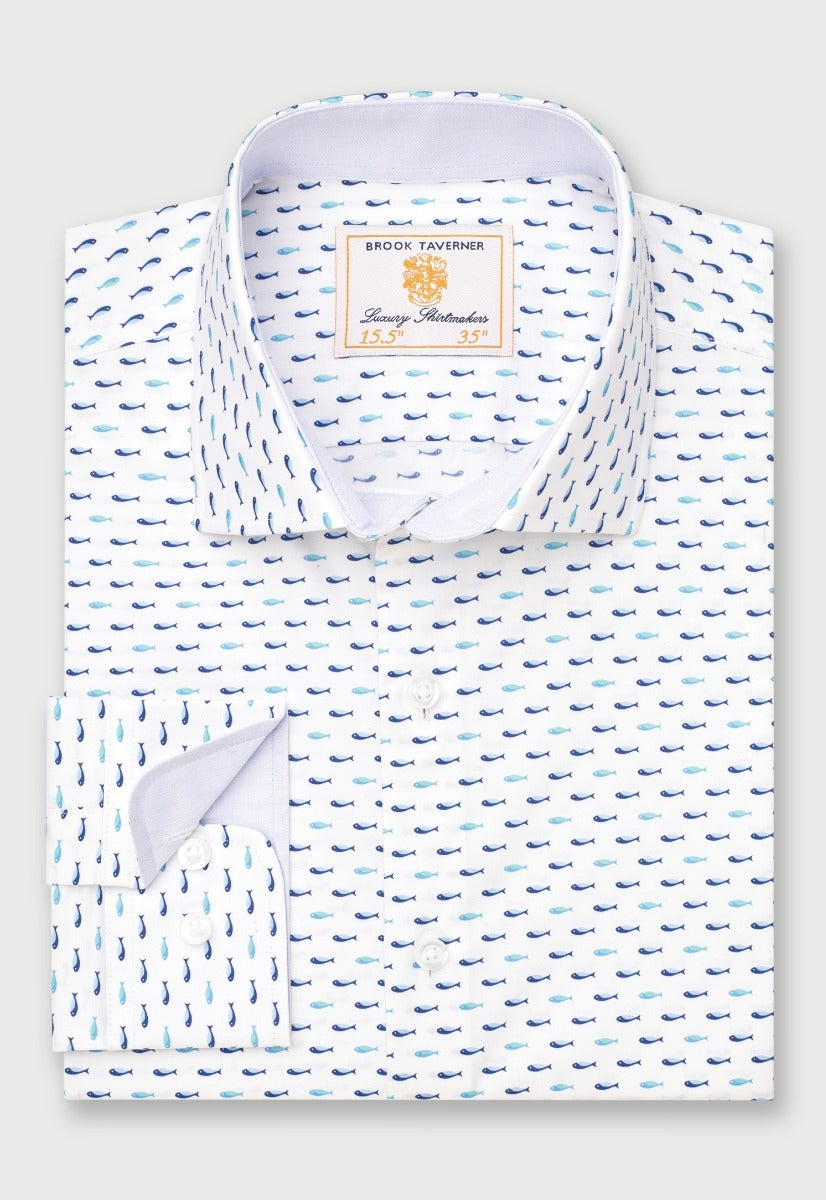 Tailored Fit Turquoise Tiny Fish Print Stretch Cotton Shirt detail