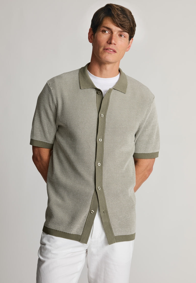 Farnley Khaki Button Through Knitted Cotton Blend Polo Shirt