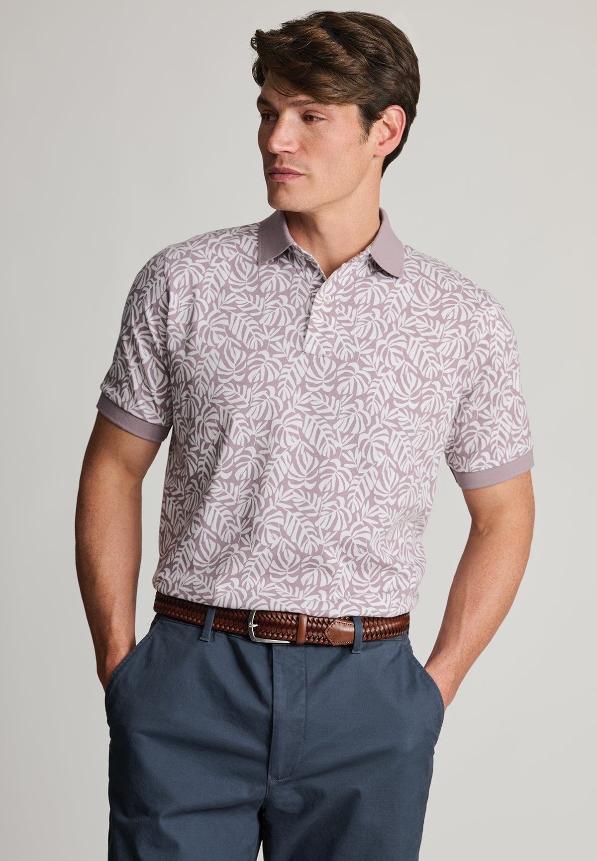 Hiddlestone Mauve Palm Leaf Cotton Jersey Polo Shirt