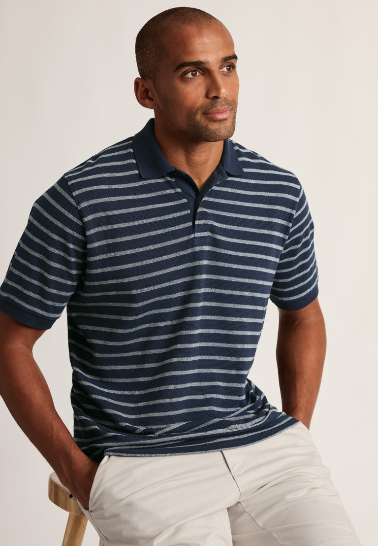 Ottringham Navy Popcorn Textured Stripe Cotton Polo Shirt - detail