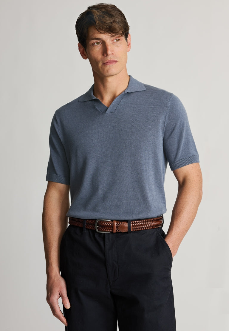 Overton Notch Neck Air Force Blue Cotton Tencel Knitted Polo Shirt - front