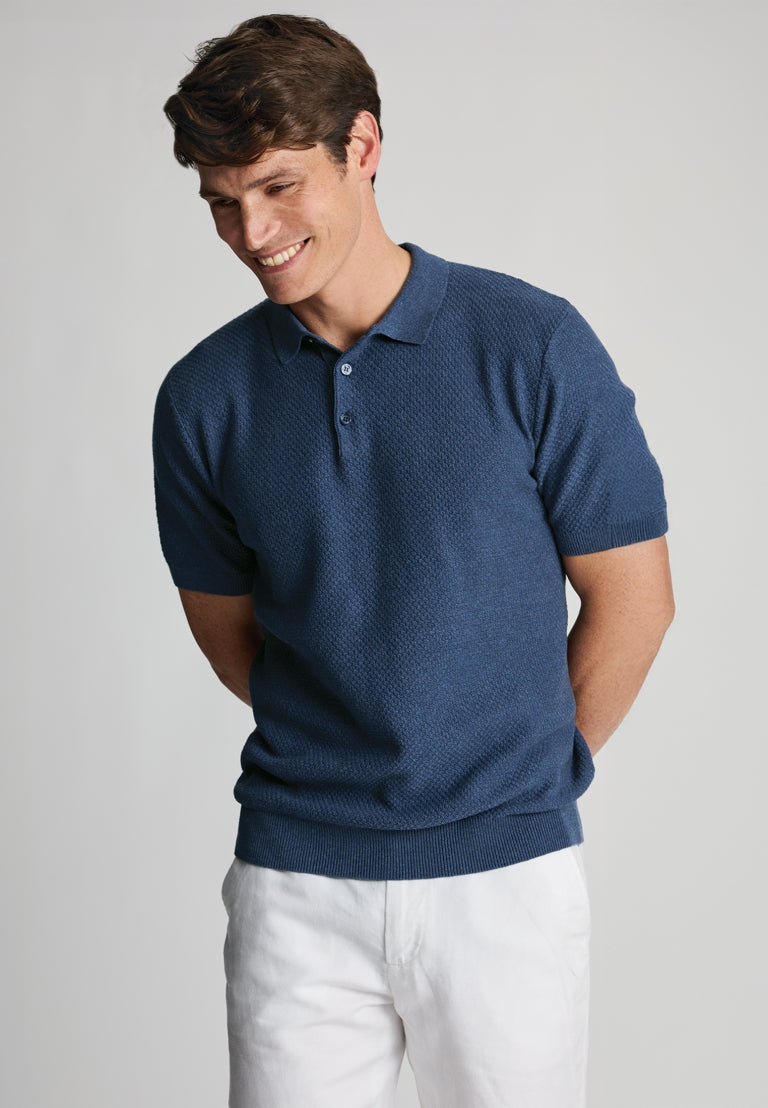 Selby Denim Blue Textured Cotton Knitted Polo Shirt - detail