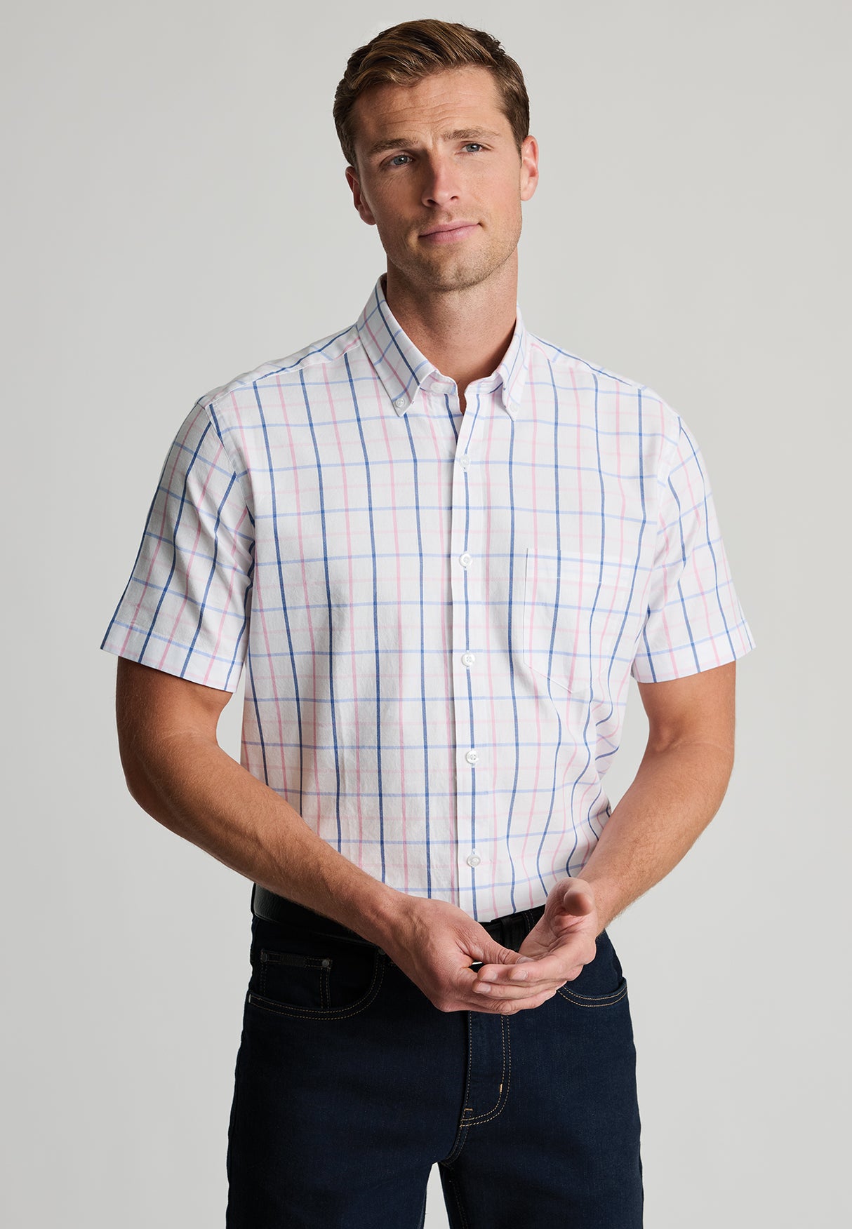 Regular Fit Pink Tattersall Check Oxford Cotton Short Sleeve Shirt