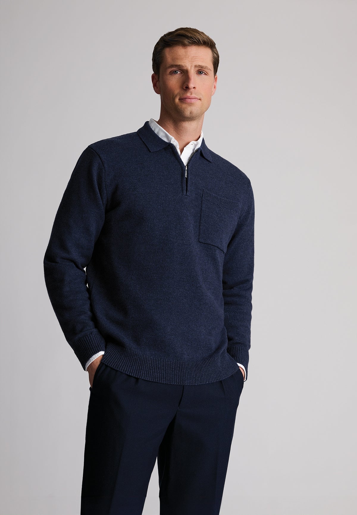 Loxton Dark Blue Lambswool Blend Long Sleeve Quarter Zip Polo Shirt