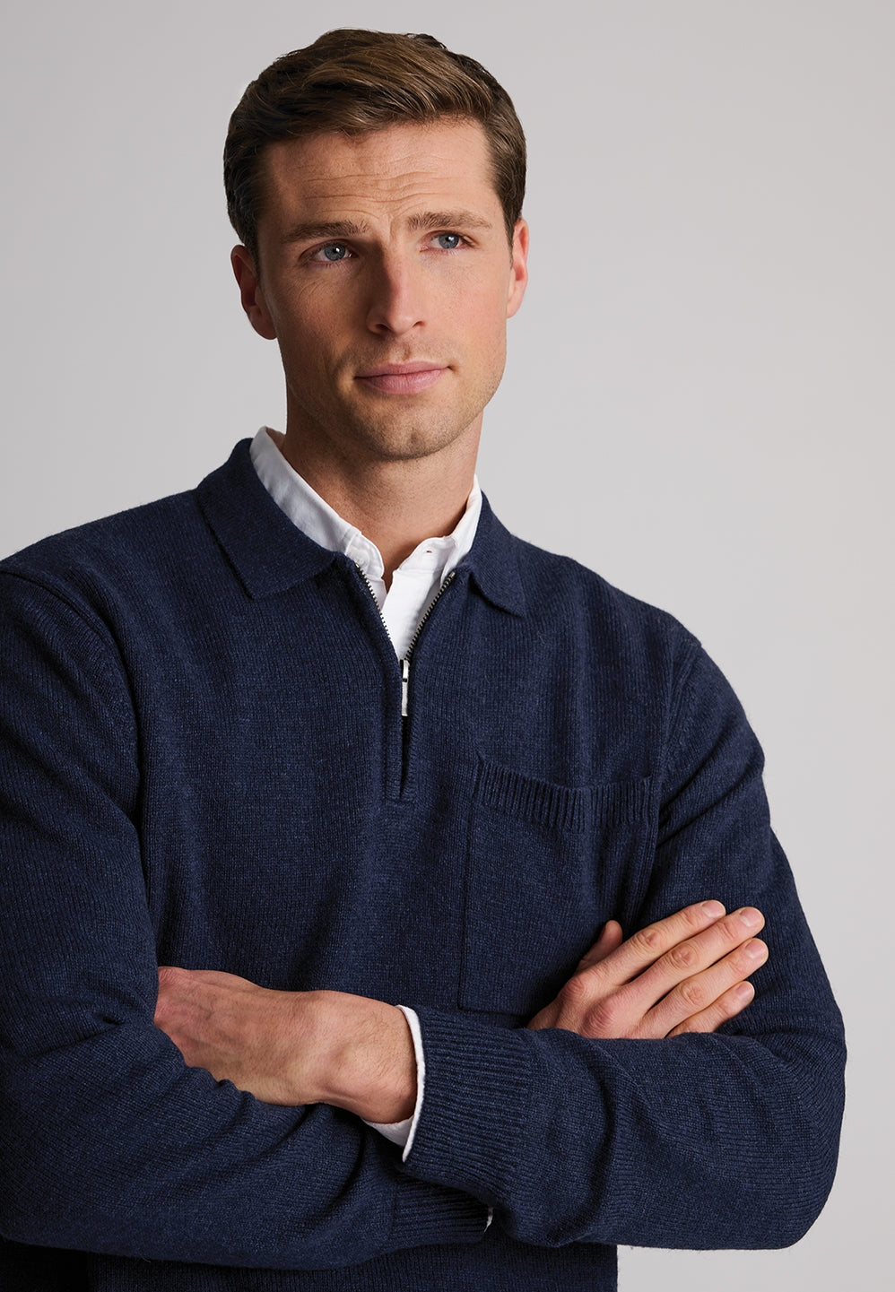 Loxton Dark Blue Lambswool Blend Long Sleeve Quarter Zip Polo Shirt