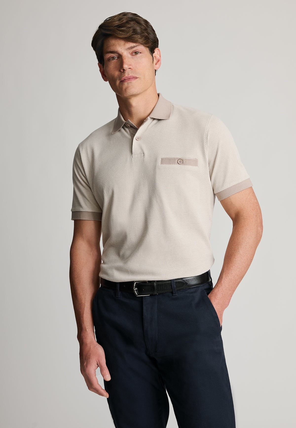 Oakworth Oatmeal Two Tone Textured Cotton Polo Shirt