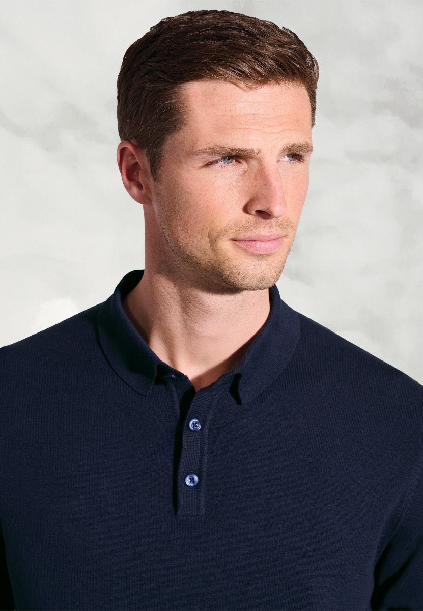Paris Navy Cotton Merino Long Sleeve Polo Shirt
