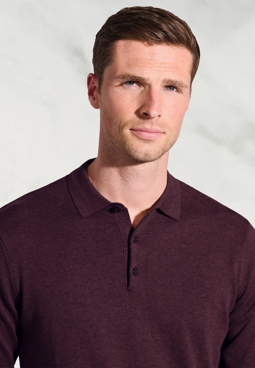 Paris Burgundy Cotton Merino Long Sleeve Polo Shirt