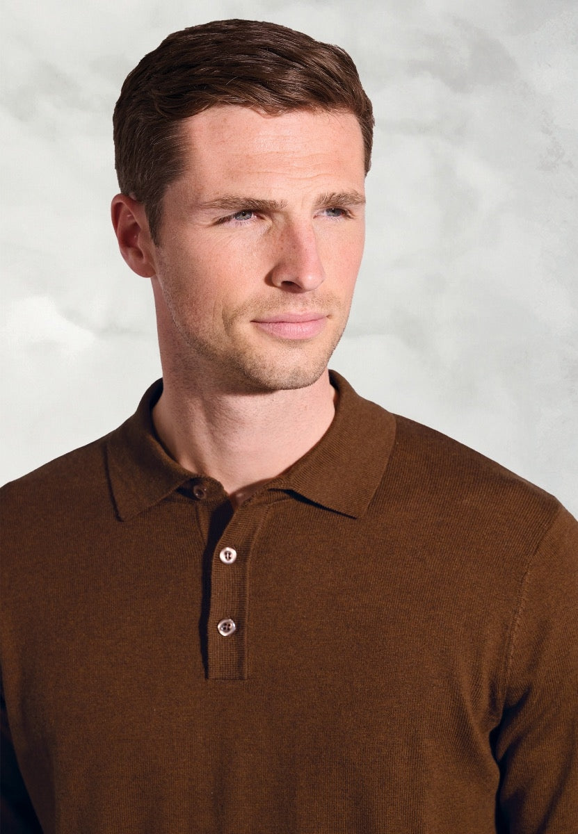 Paris Copper Cotton Merino Long Sleeve Polo Shirt