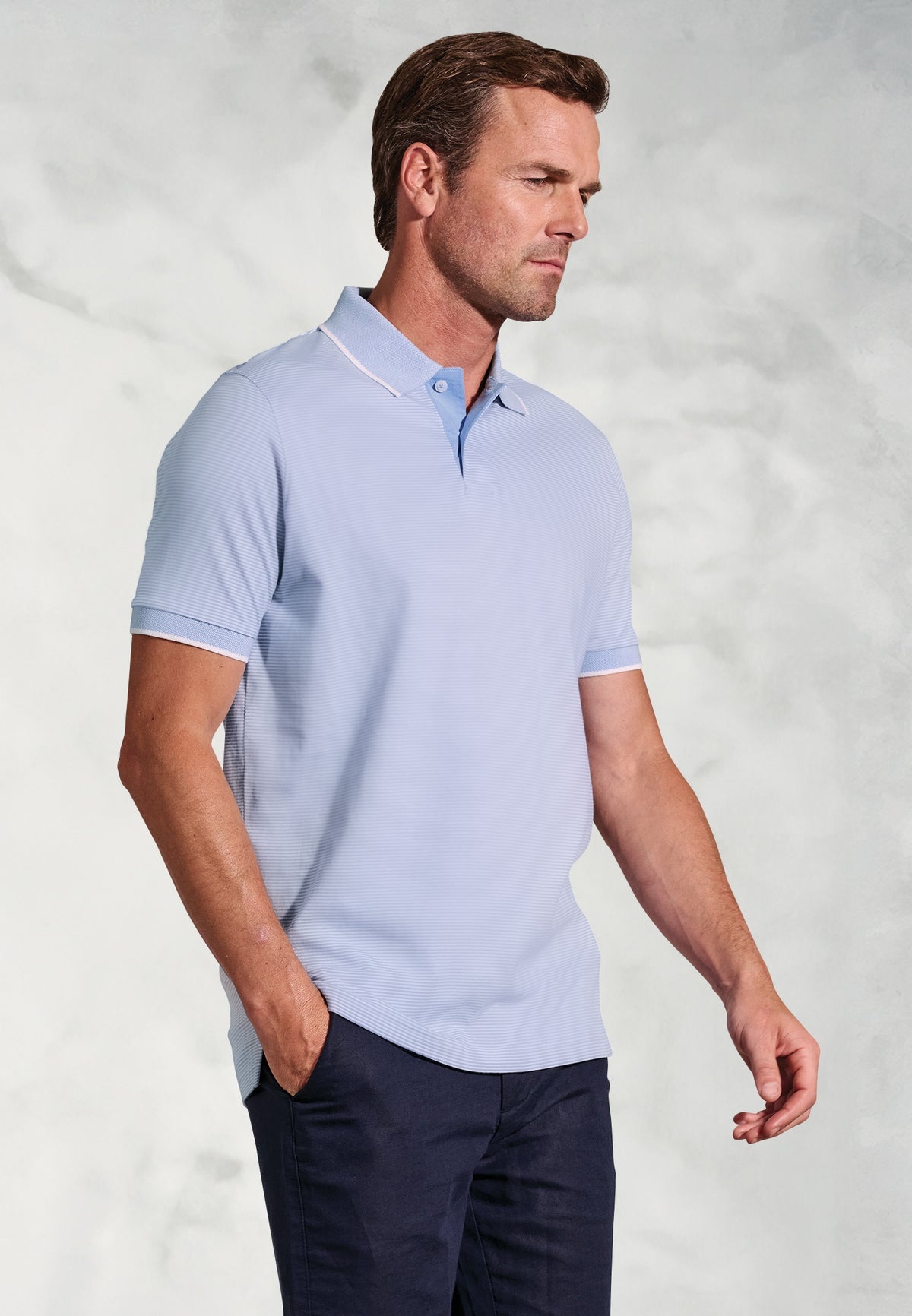 Ruffalo Sky Blue Fine Stripe Cotton Jersey Polo Shirt