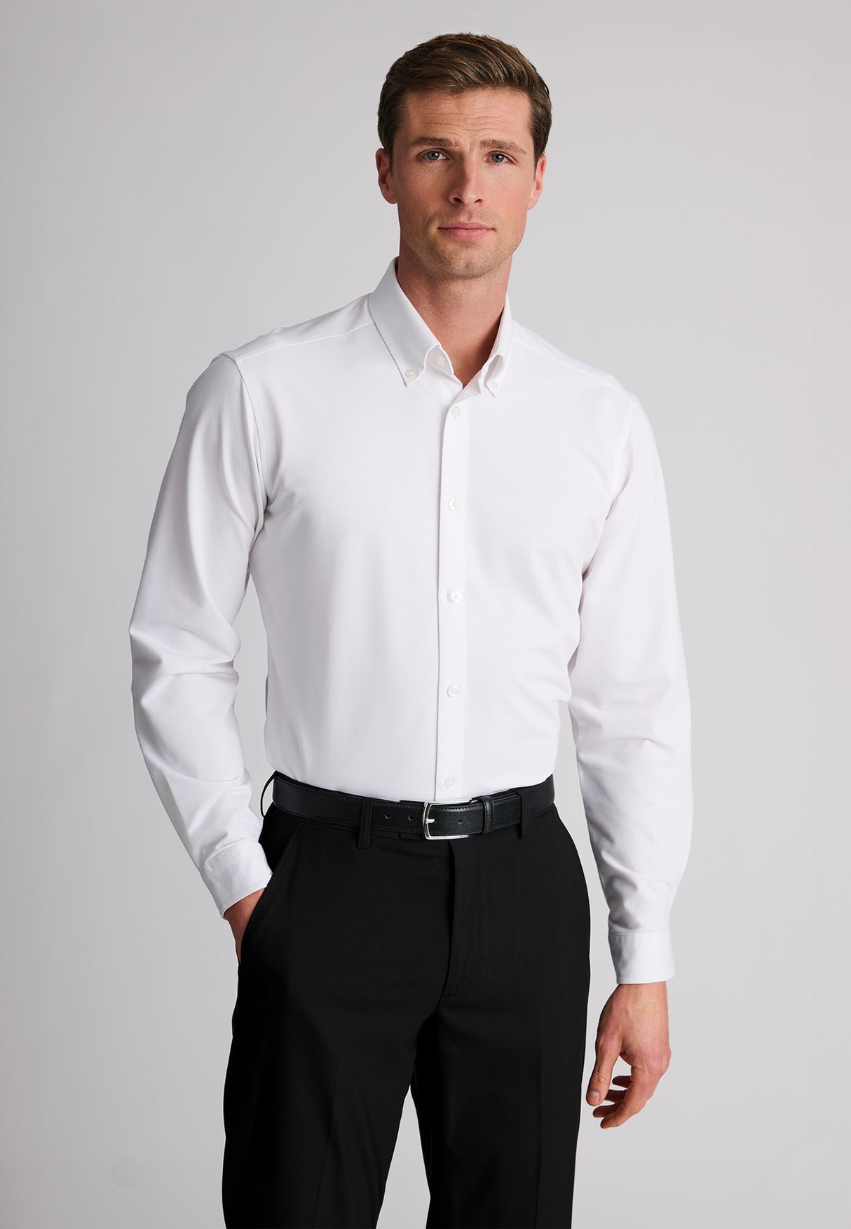 Tailored Fit White Pique Cotton Blend Shirt