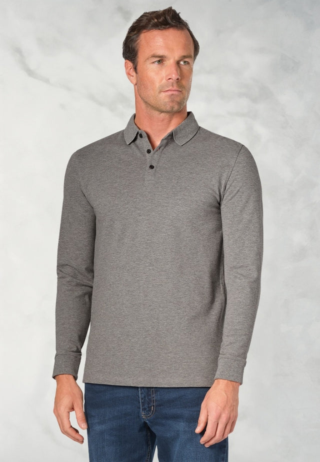 Frederick Grey Marl Cotton Long Sleeve Polo Shirt