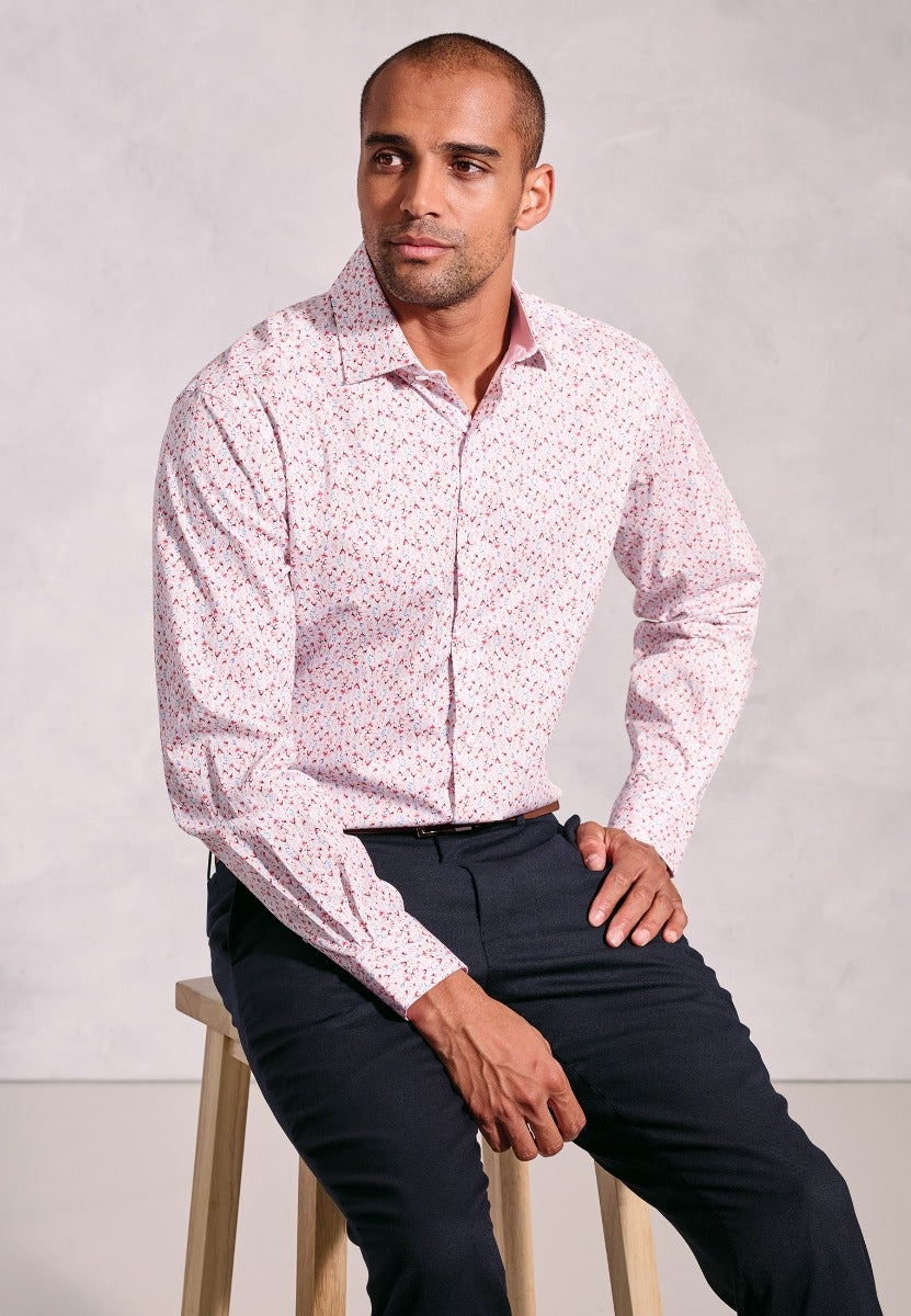 Tailored Fit Pink Ditsy Floral Print Stretch Cotton Shirt front