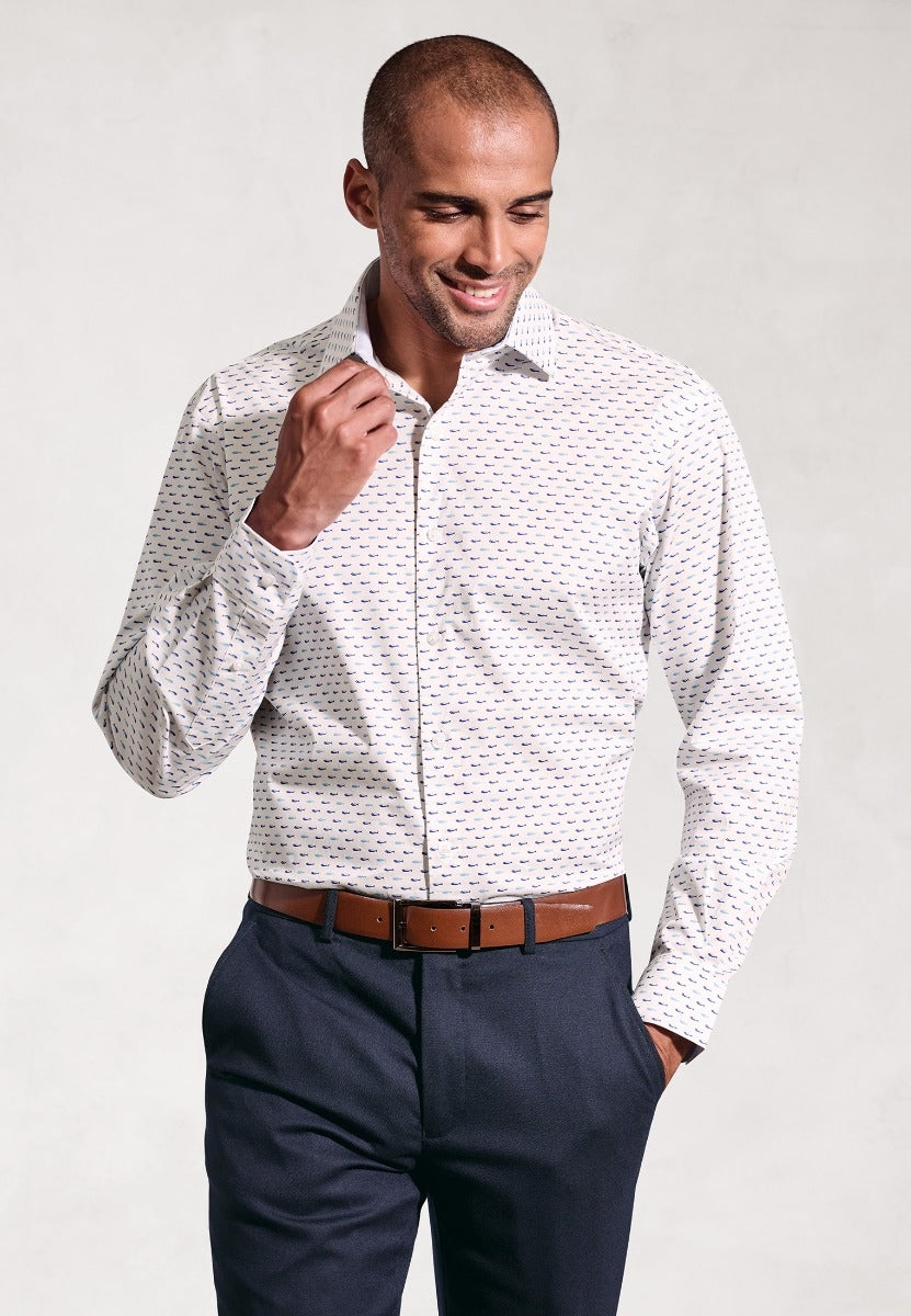Tailored Fit Turquoise Tiny Fish Print Stretch Cotton Shirt front
