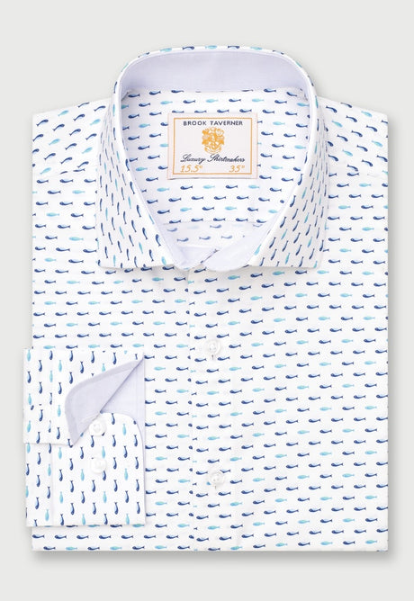 Tailored Fit Turquoise Tiny Fish Print Stretch Cotton Shirt detail