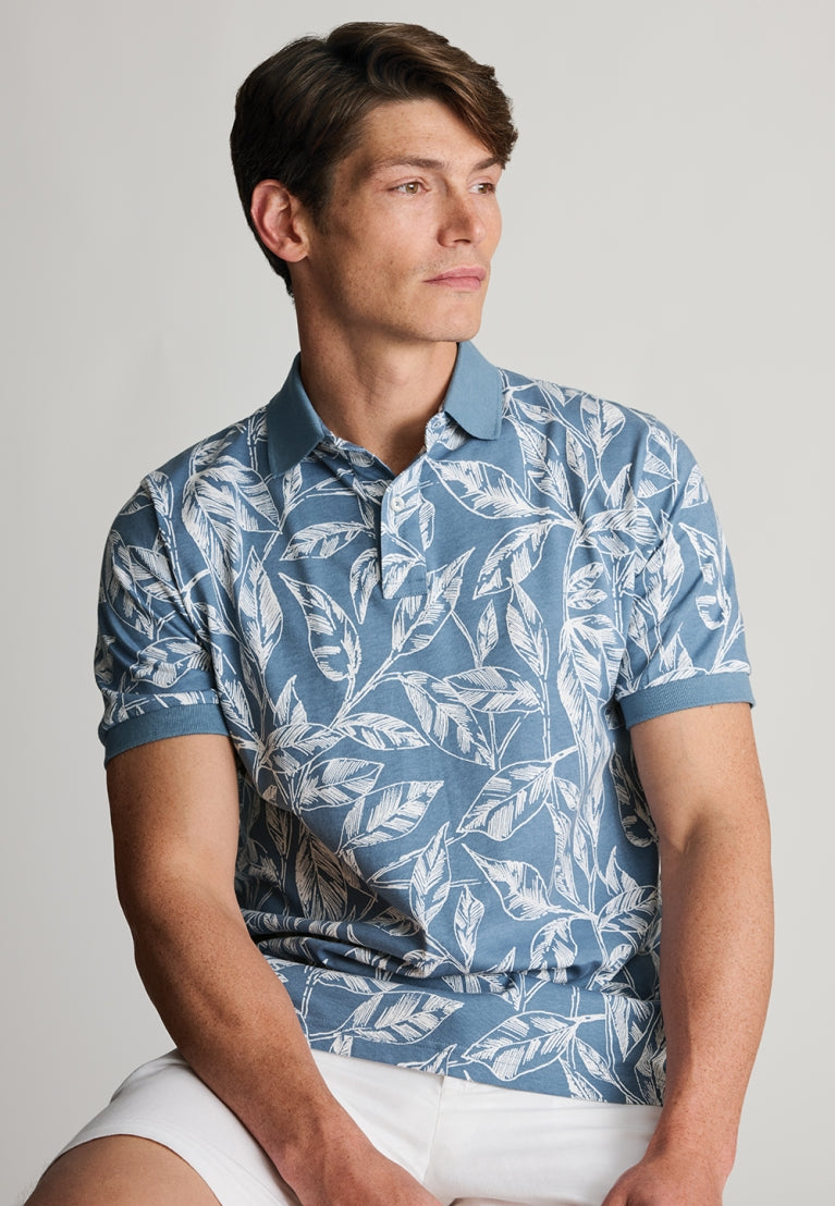 Hiddlestone Air Force Blue Large Leaf Polo Shirt detail