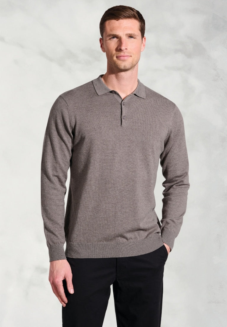 Paris Taupe Cotton Merino Long Sleeve Polo Shirt