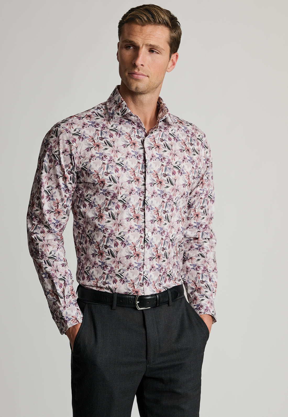 Tailored Fit Rose Floral Print Stretch Cotton Shirt front