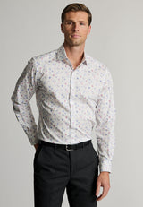 Tailored Fit White Floral Print Stretch Cotton Shirt front