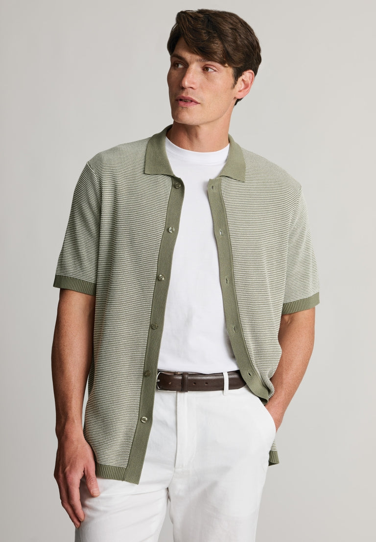 Farnley Khaki Button Through Knitted Cotton Blend Polo Shirt
