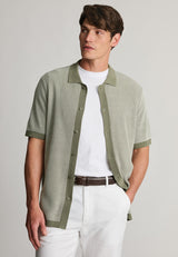 Farnley Khaki Button Through Knitted Cotton Blend Polo Shirt