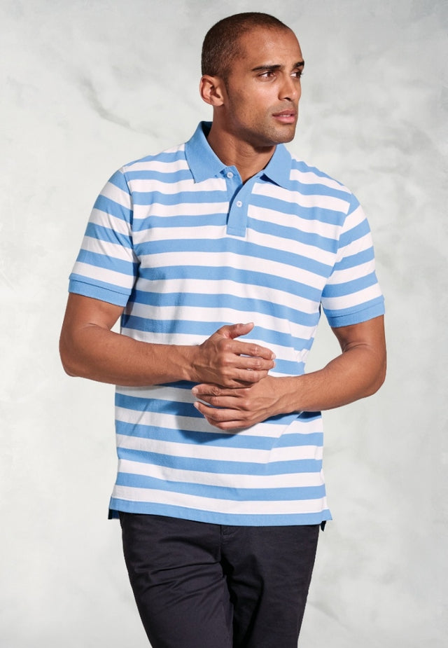 Jackman Sky Blue Bold Stripe Cotton Pique Polo Shirt - front