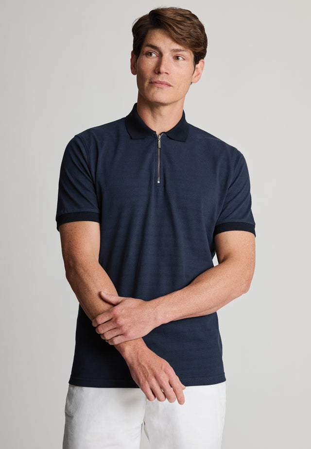 Knaresborough Navy Popcorn Textured Stripe Zip Neck Cotton Polo Shirt - front
