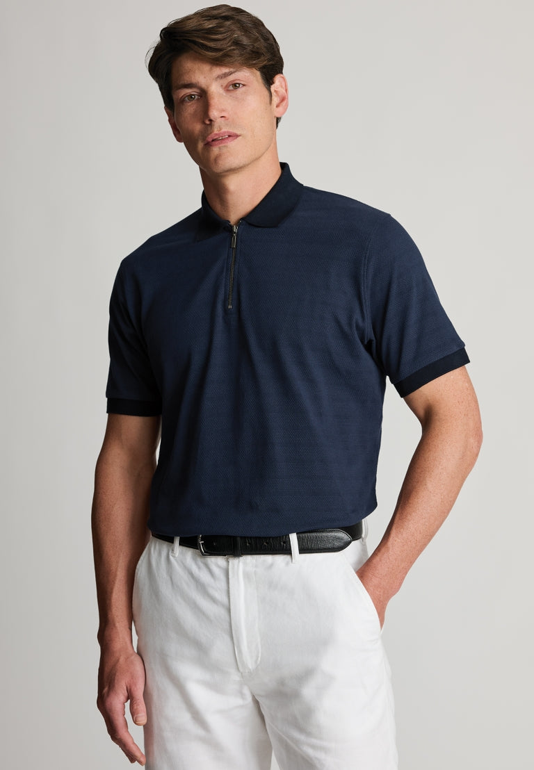 Knaresborough Navy Popcorn Textured Stripe Zip Neck Cotton Polo Shirt - detail