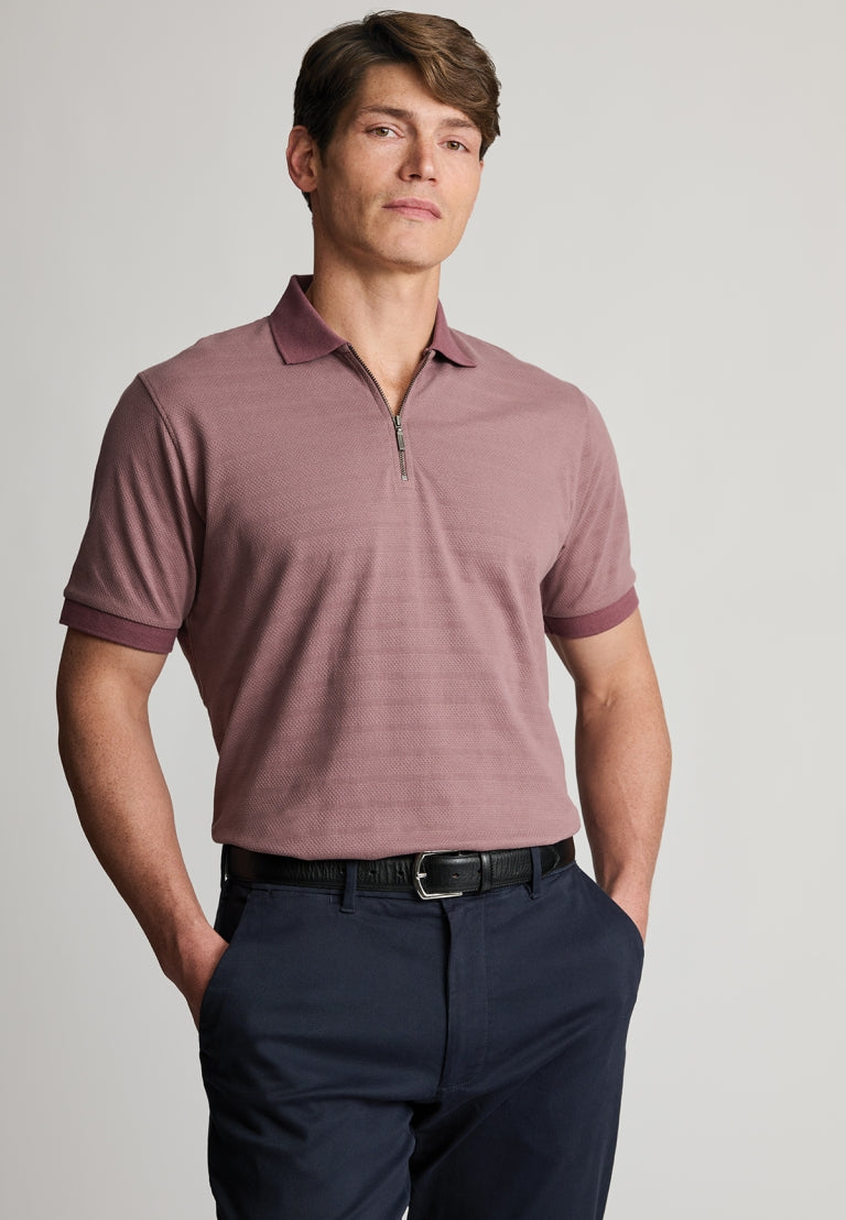 Knaresborough Mauve Popcorn Textured Stripe Quarter Zip Cotton Polo Shirt