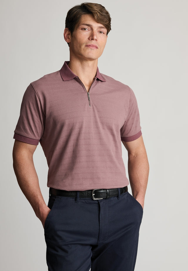 Knaresborough Mauve Popcorn Textured Stripe Quarter Zip Cotton Polo Shirt