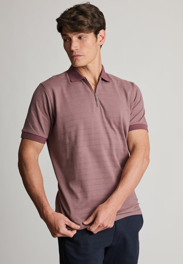 Knaresborough Mauve Popcorn Textured Stripe Quarter Zip Cotton Polo Shirt