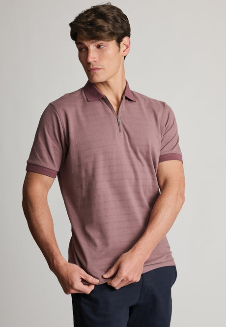 Knaresborough Mauve Popcorn Textured Stripe Quarter Zip Cotton Polo Shirt