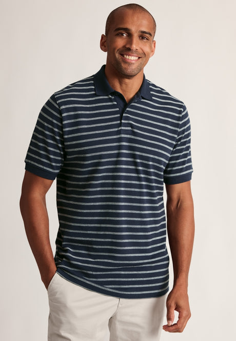 Ottringham Navy Popcorn Textured Stripe Cotton Polo Shirt - front
