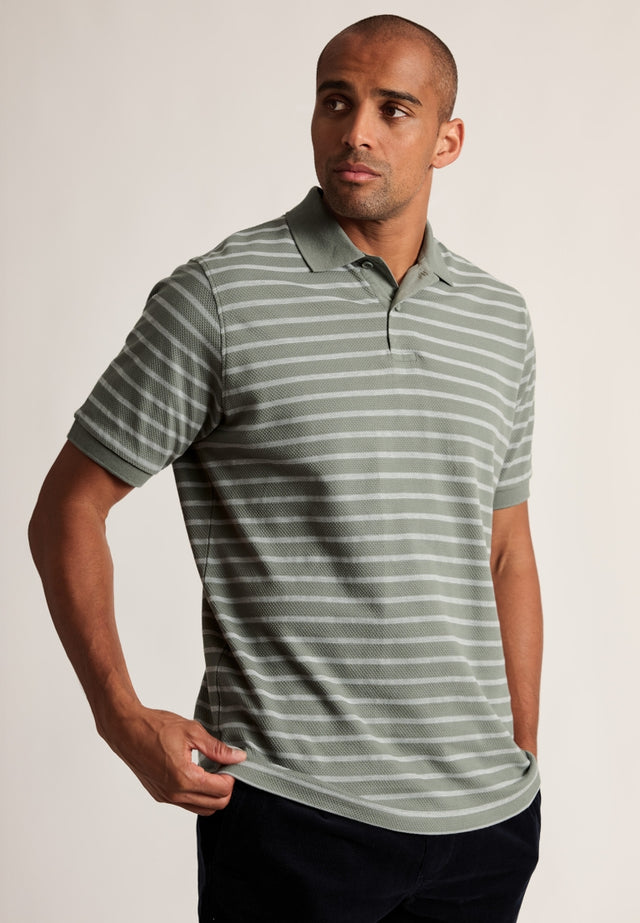 Ottringham Sage Popcorn Textured Stripe Cotton Polo Shirt - front