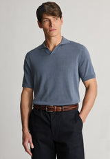 Overton Notch Neck Air Force Blue Cotton Tencel Knitted Polo Shirt - front