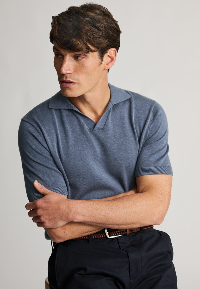 Overton Notch Neck Air Force Blue Cotton Tencel Knitted Polo Shirt - detail
