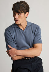 Overton Notch Neck Air Force Blue Cotton Tencel Knitted Polo Shirt - detail