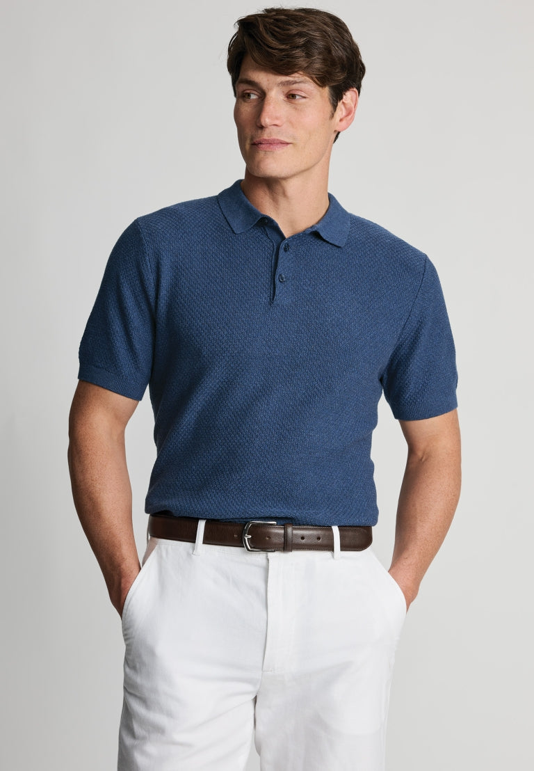 Selby Denim Blue Textured Cotton Knitted Polo Shirt - front