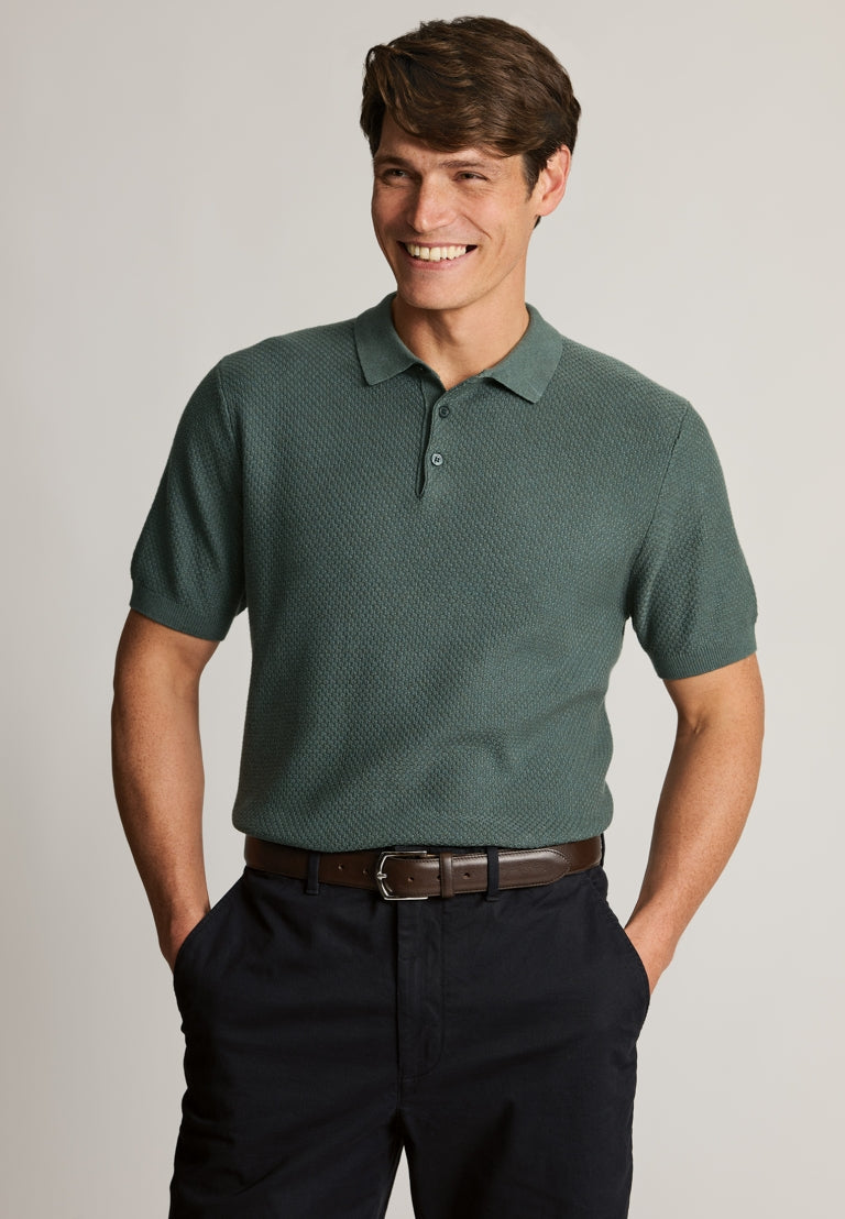 Selby Teal Textured Cotton Knitted Polo Shirt