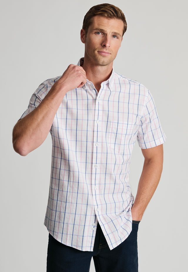 Regular Fit Pink Tattersall Check Oxford Cotton Short Sleeve Shirt