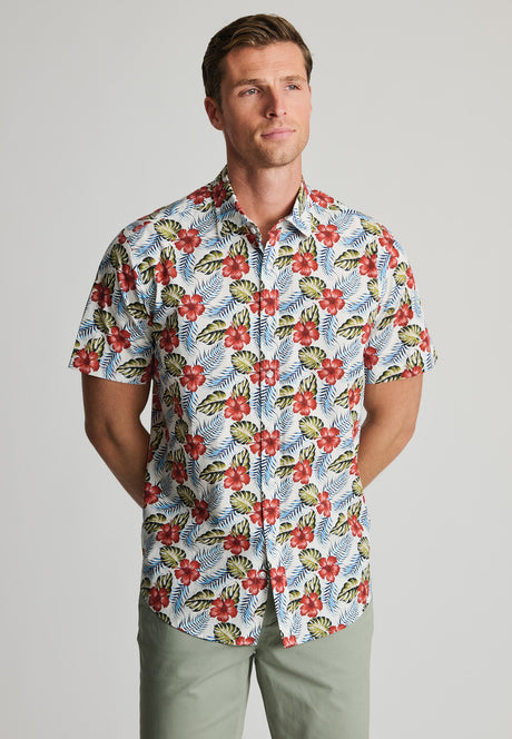 Regular Fit Rust Hibiscus Tropical Print Short Sleeve Shirt