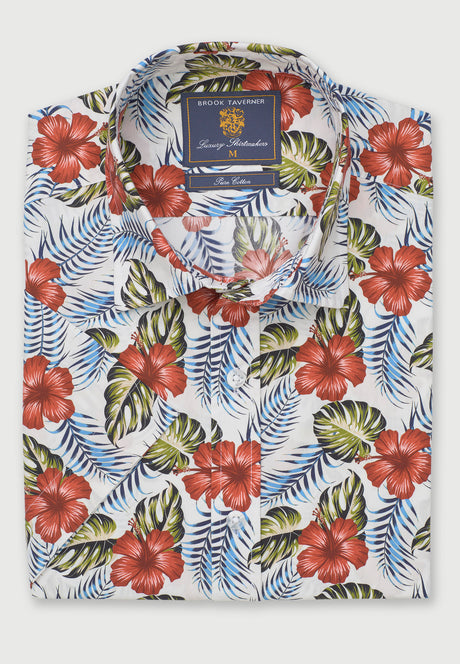 Regular Fit Rust Hibiscus Tropical Print Short Sleeve Shirt