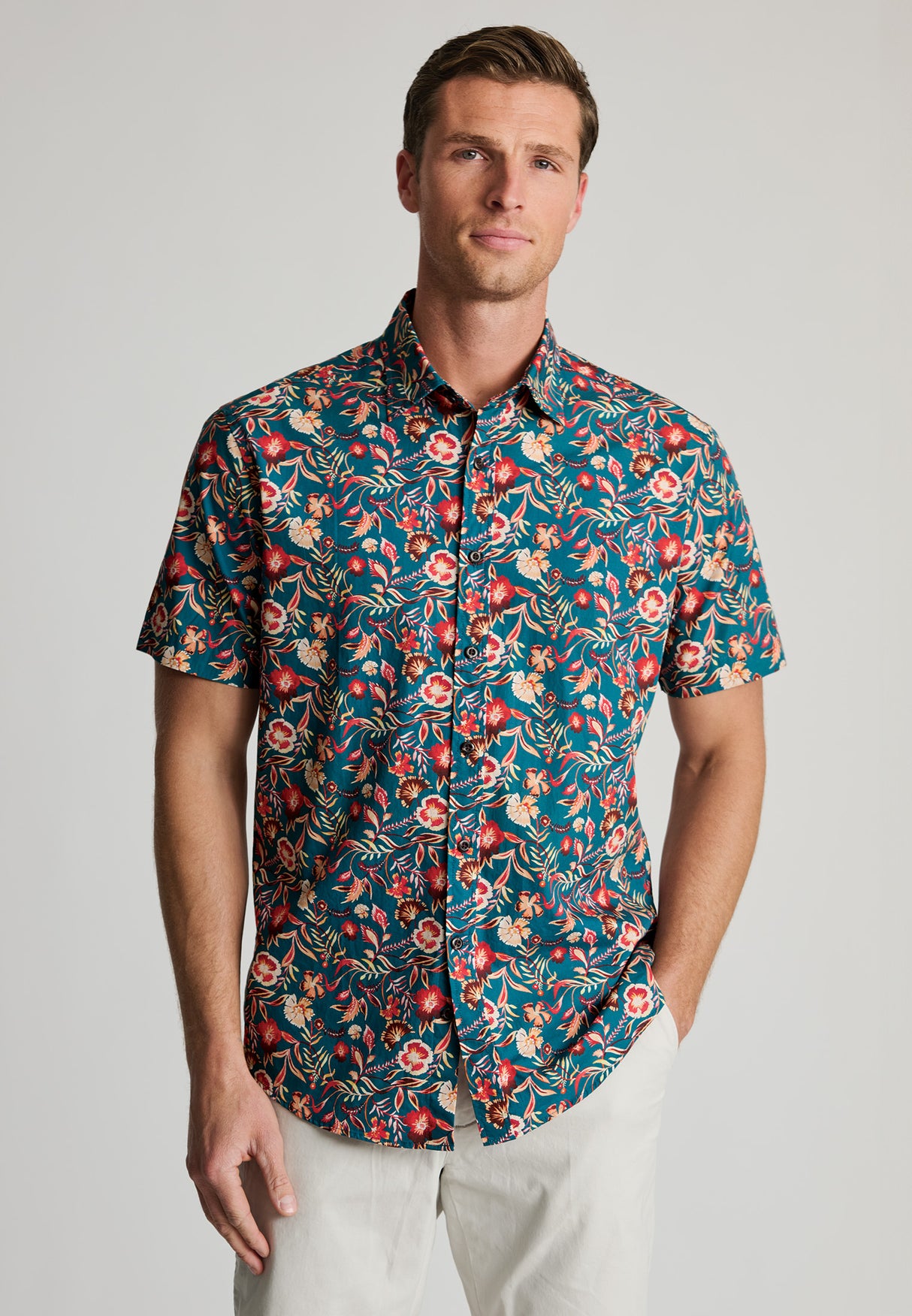 Regular Fit Teal Floral Print Short Sleeve Shirt