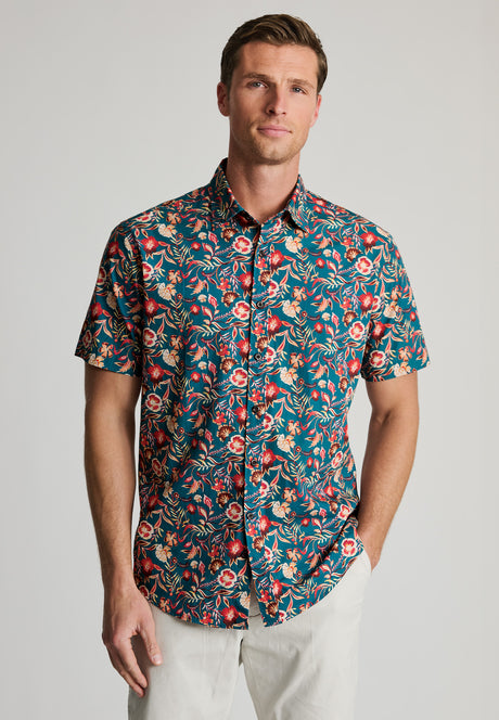 Regular Fit Teal Floral Print Short Sleeve Shirt