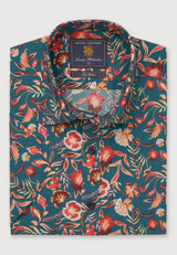 Regular Fit Teal Floral Print Short Sleeve Shirt