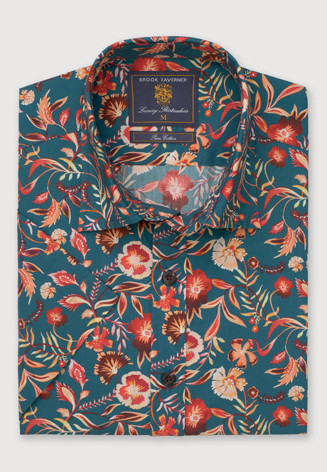 Regular Fit Teal Floral Print Short Sleeve Shirt
