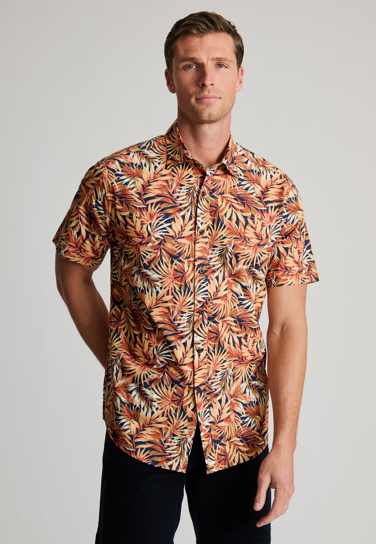 Regular Fit Ochre Tropical Palm Leaf Print Short Sleeve Shirt