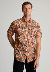 Regular Fit Ochre Tropical Palm Leaf Print Short Sleeve Shirt