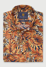 Regular Fit Ochre Tropical Palm Leaf Print Short Sleeve Shirt
